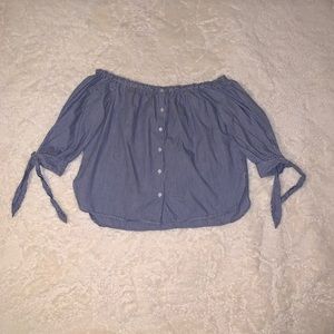 Great Condtion Off-Shoulder Buttoned Striped Navy Blue White Shirt Blouse Medium